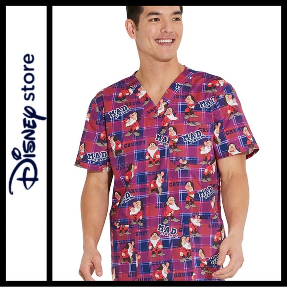 NWT Disney Men's Grumpy Plaid Scrub Shirt - Picture 1 of 10